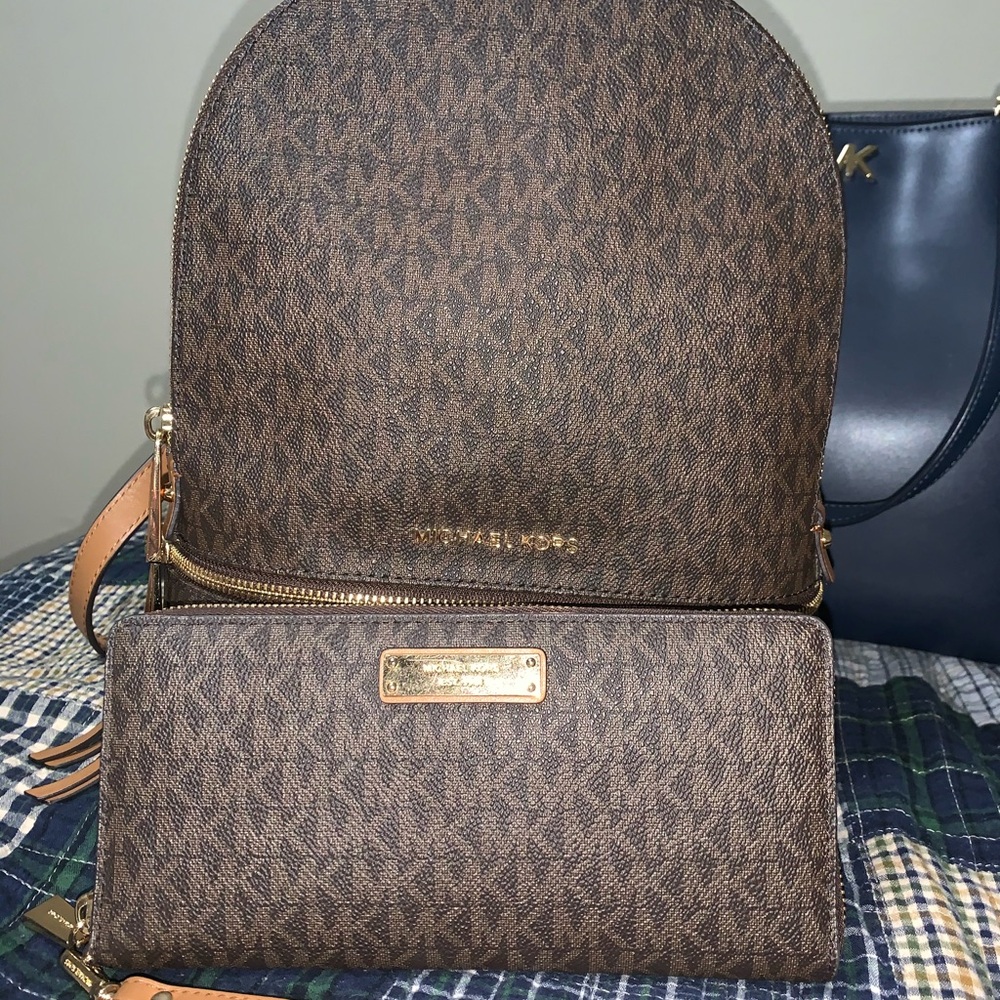 Michael Kors Signature Brown Backpack and Wallet